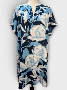 Elie Tahari 100% Linen Dress Blue Floral LARG Coastal Grandma Resort Euro Summer